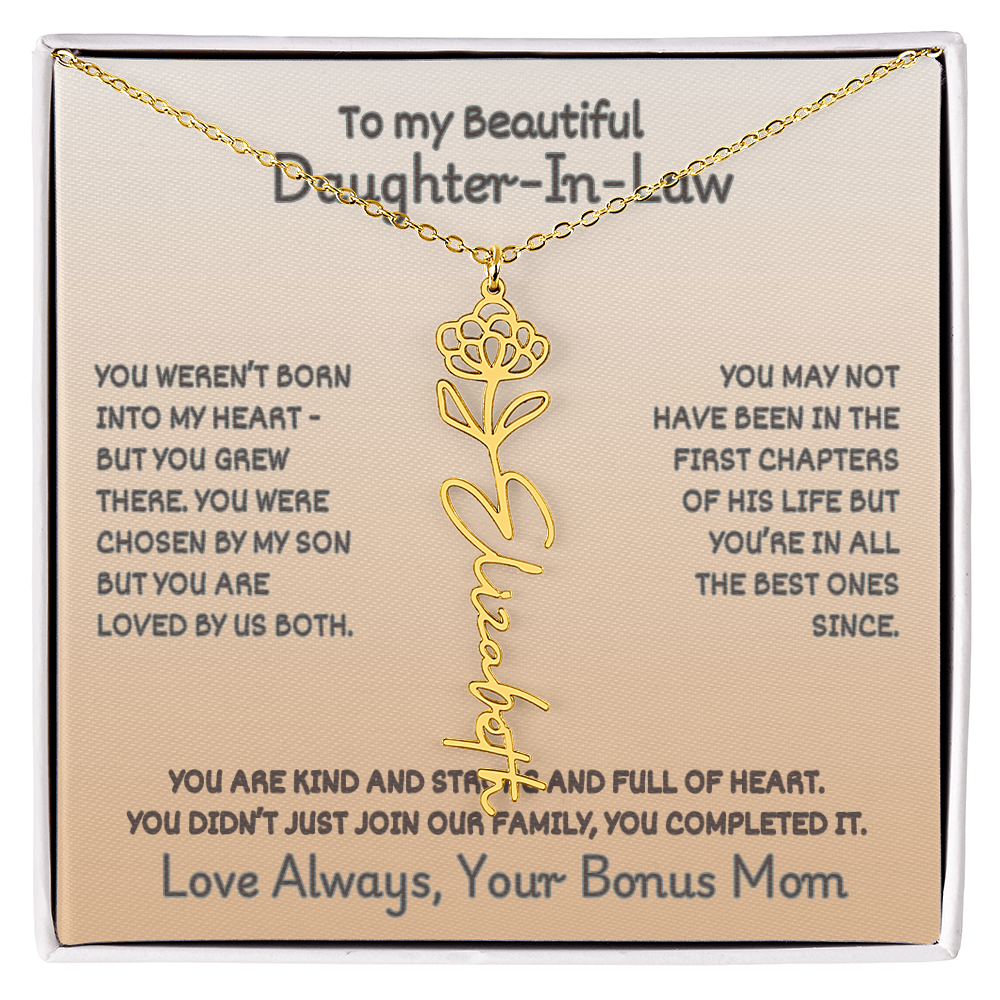 To Your Daughter-In-Law: Birth Flower Name Necklace with a Heartfelt Message