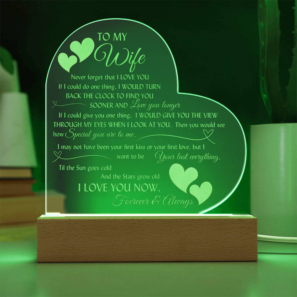 Romantic engraved heart sign with LED lighted base for your beautiful wife