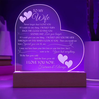 Romantic engraved heart sign with LED lighted base for your beautiful wife