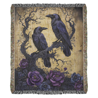 Gothic Raven blanket, Halloween couch throw, Edgar Allen Poe design, Wedding, couple gift. Anniversary present for couple. Victorian Floral bird cover.