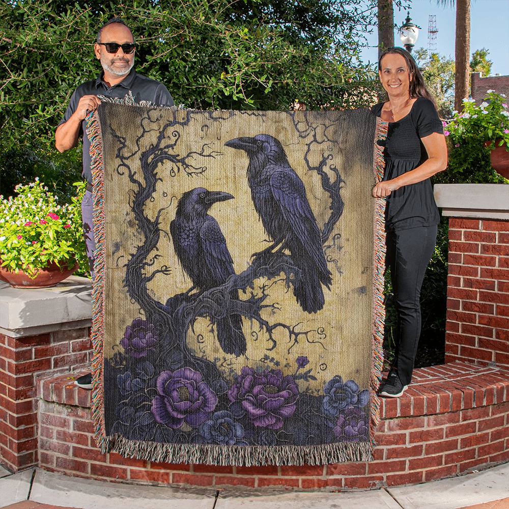 Gothic Raven blanket, Halloween couch throw, Edgar Allen Poe design, Wedding, couple gift. Anniversary present for couple. Victorian Floral bird cover.