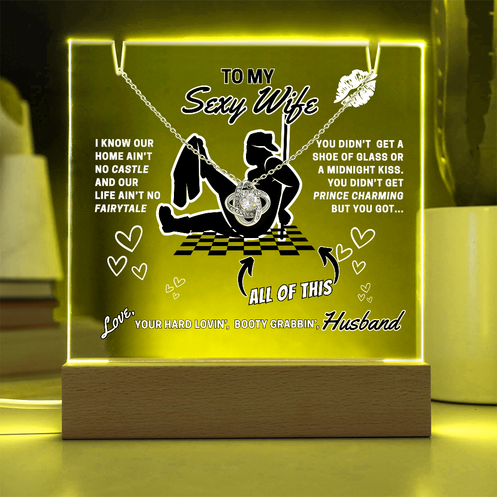 Love Knot Necklace, choice of white or yellow gold on funny 'Sexy Wife' LED lighted sign