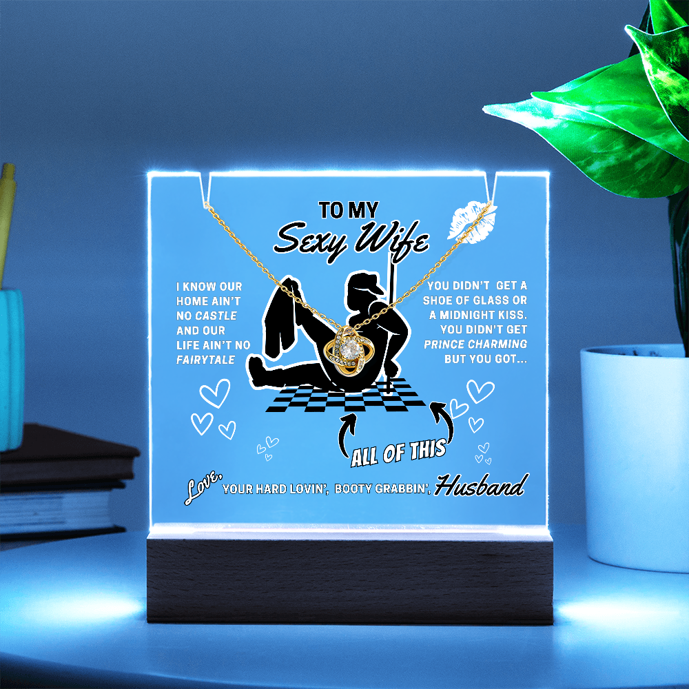 Love Knot Necklace, choice of white or yellow gold on funny 'Sexy Wife' LED lighted sign