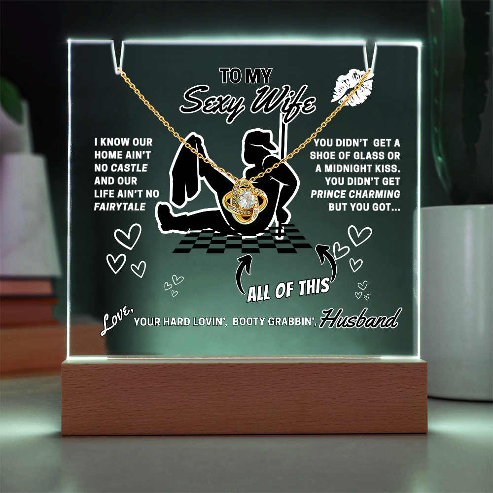 Love Knot Necklace, choice of white or yellow gold on funny 'Sexy Wife' LED lighted sign
