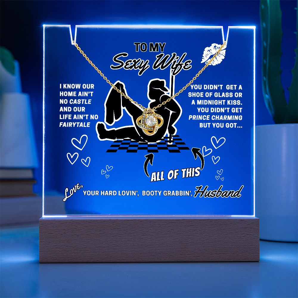 Love Knot Necklace, choice of white or yellow gold on funny 'Sexy Wife' LED lighted sign