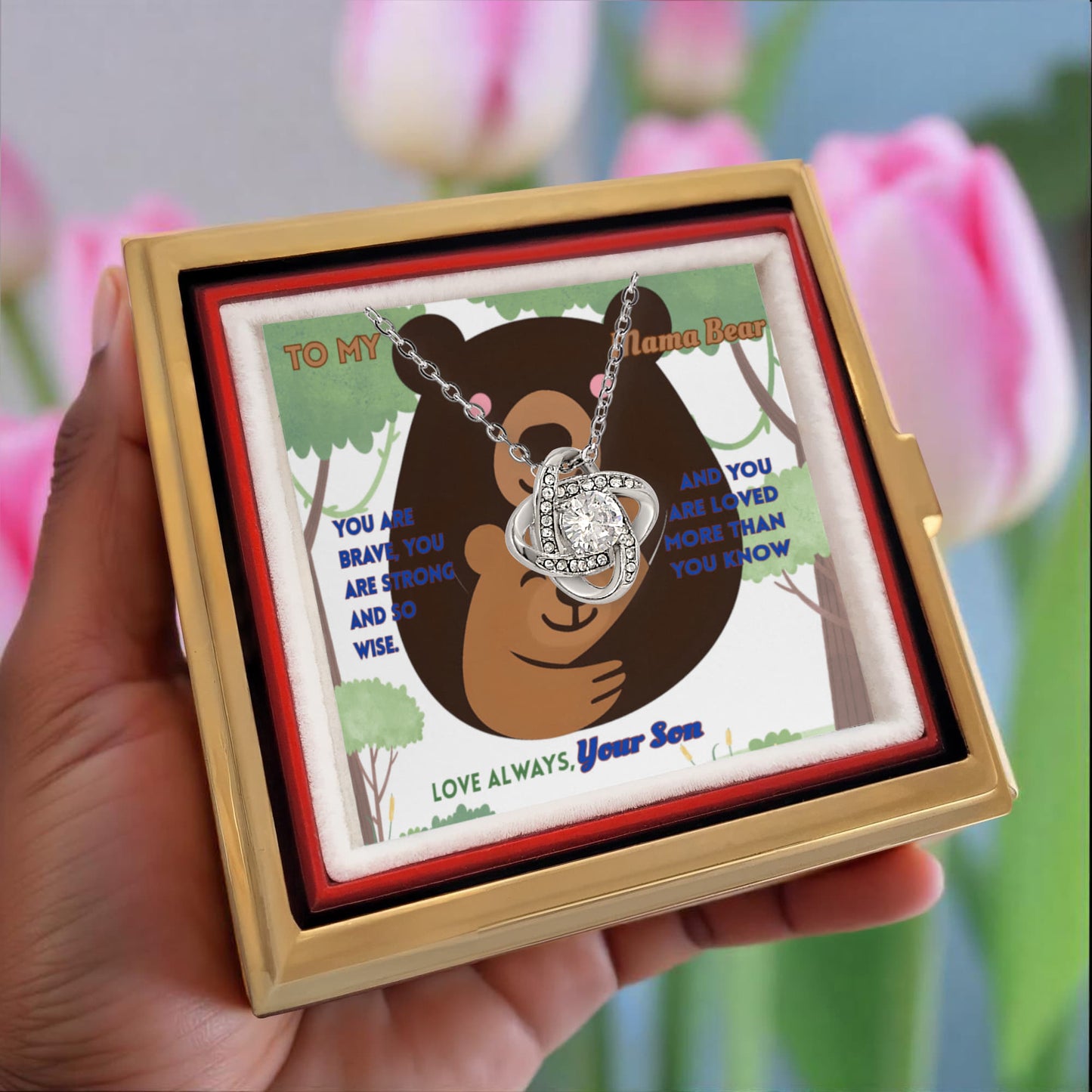 Mama Bear Love Knot Necklace – Sentimental Gift for Mom from Son with  amazing Rotating Eternal Rose Box