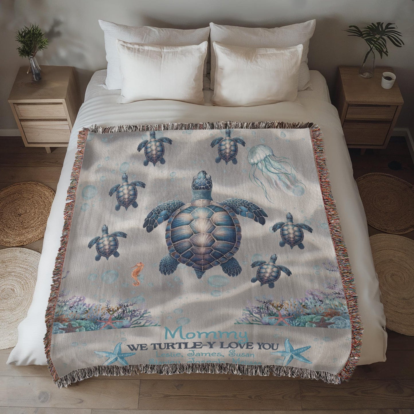 Personalized Sea Turtle Family Blanket – Up to 6 Names – We Turtle-y Love You – Cozy Ocean Blanket Gift for Her, Custom Mom or Grandma gift