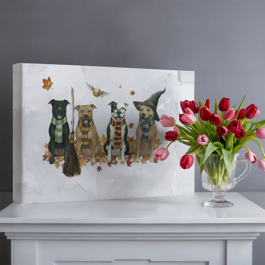 Pit Bull Wizards of Hogwarts Wall Art. Gryffindor, Slytherin, Hufflepuff, Ravenclaw pitbulls. Dog lover gift for Potter fans. Staffy dogs