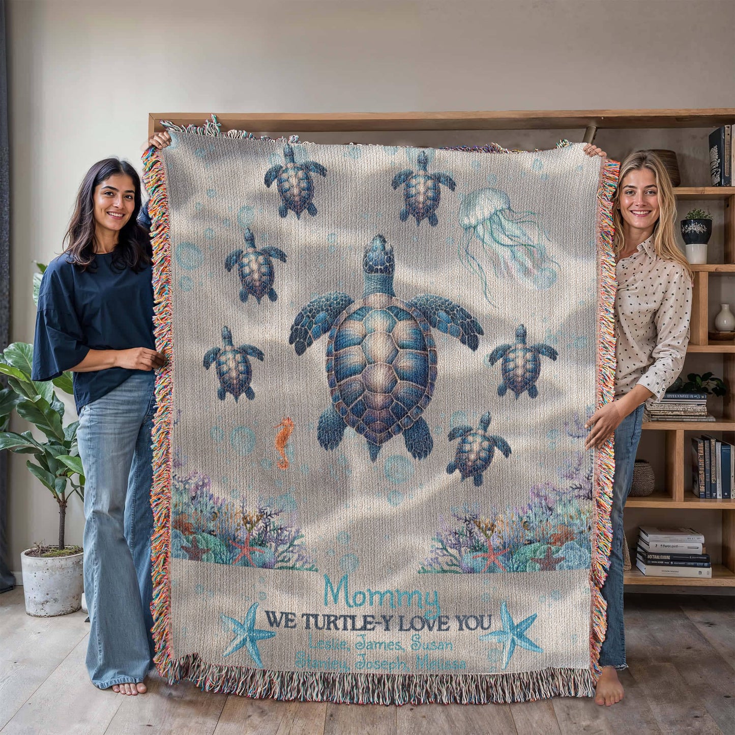 Personalized Sea Turtle Family Blanket – Up to 6 Names – We Turtle-y Love You – Cozy Ocean Blanket Gift for Her, Custom Mom or Grandma gift