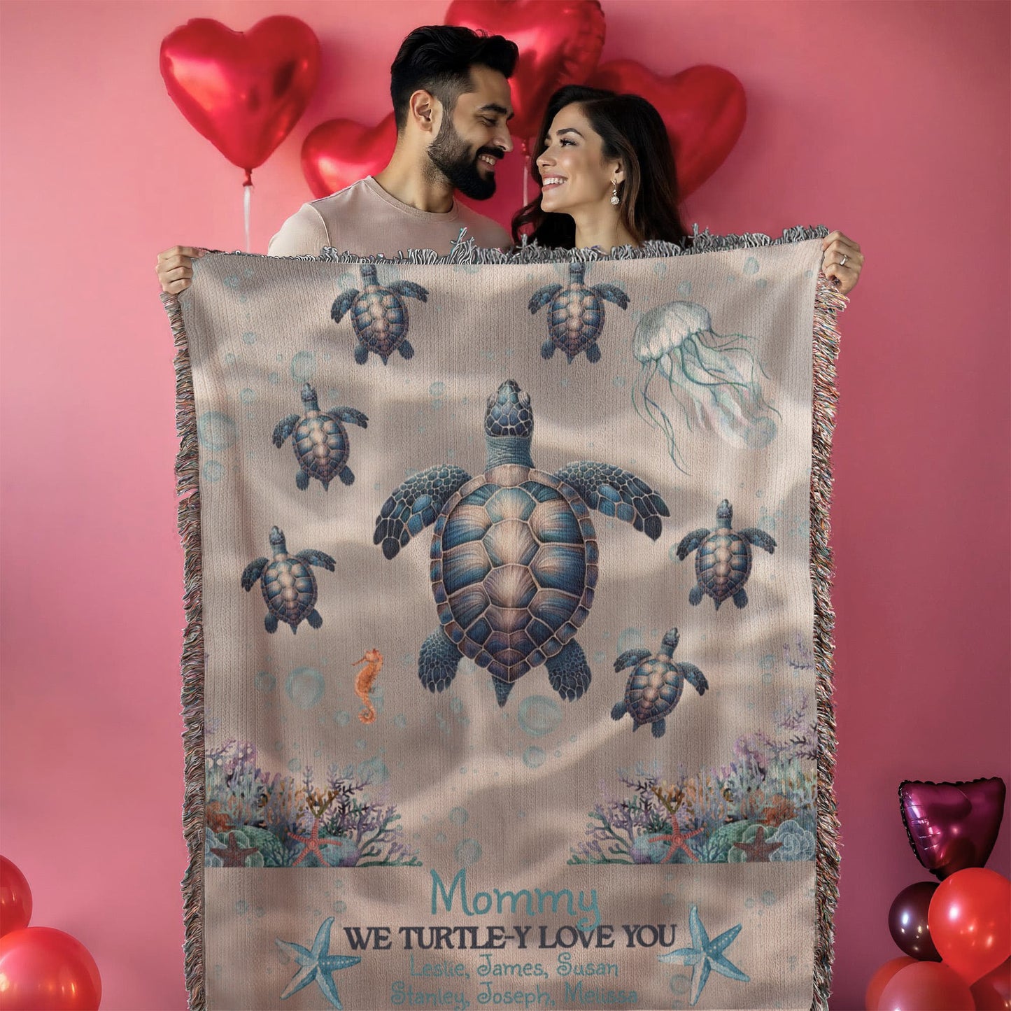 Personalized Sea Turtle Family Blanket – Up to 6 Names – We Turtle-y Love You – Cozy Ocean Blanket Gift for Her, Custom Mom or Grandma gift
