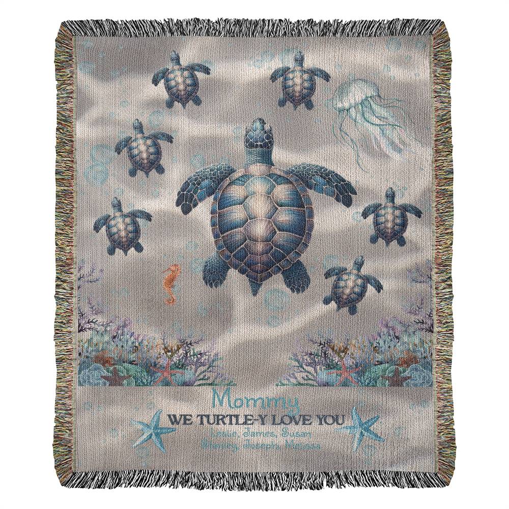 Personalized Sea Turtle Family Blanket – Up to 6 Names – We Turtle-y Love You – Cozy Ocean Blanket Gift for Her, Custom Mom or Grandma gift