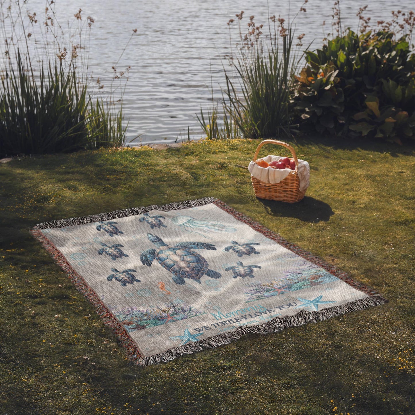Personalized Sea Turtle Family Blanket – Up to 6 Names – We Turtle-y Love You – Cozy Ocean Blanket Gift for Her, Custom Mom or Grandma gift