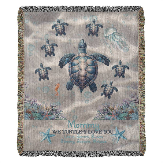 Personalized Sea Turtle Family Blanket – Up to 6 Names – We Turtle-y Love You – Cozy Ocean Blanket Gift for Her, Custom Mom or Grandma gift