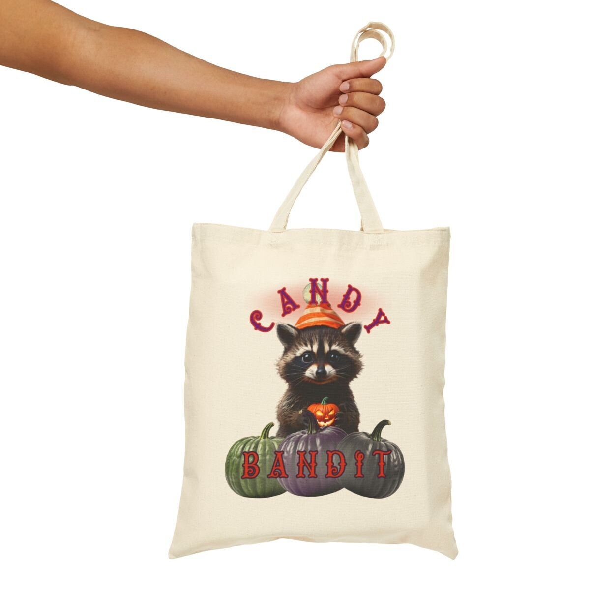 Happy Halloween Raccoon Pumpkin Candy Bandit Tote Bag, Trick or Treat Canvas Bag, Kids Candy Holder, Halloween Gift