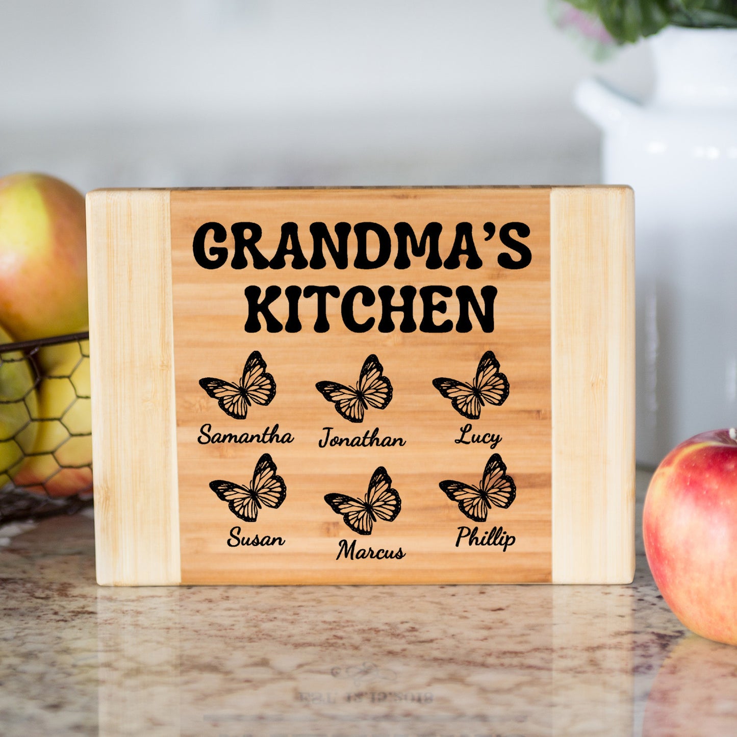 'Grandma's Kitchen' Cutting Board with Grandkids names and butterflies, Custom Bamboo Board, Personalized Family Gift