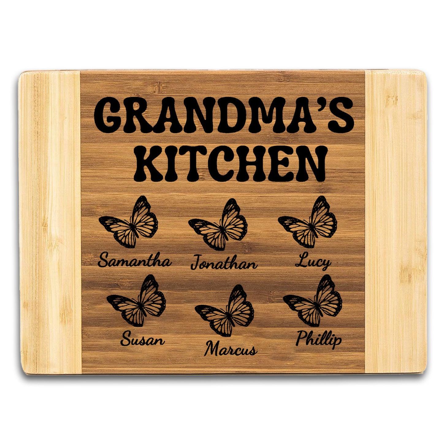 'Grandma's Kitchen' Cutting Board with Grandkids names and butterflies, Custom Bamboo Board, Personalized Family Gift