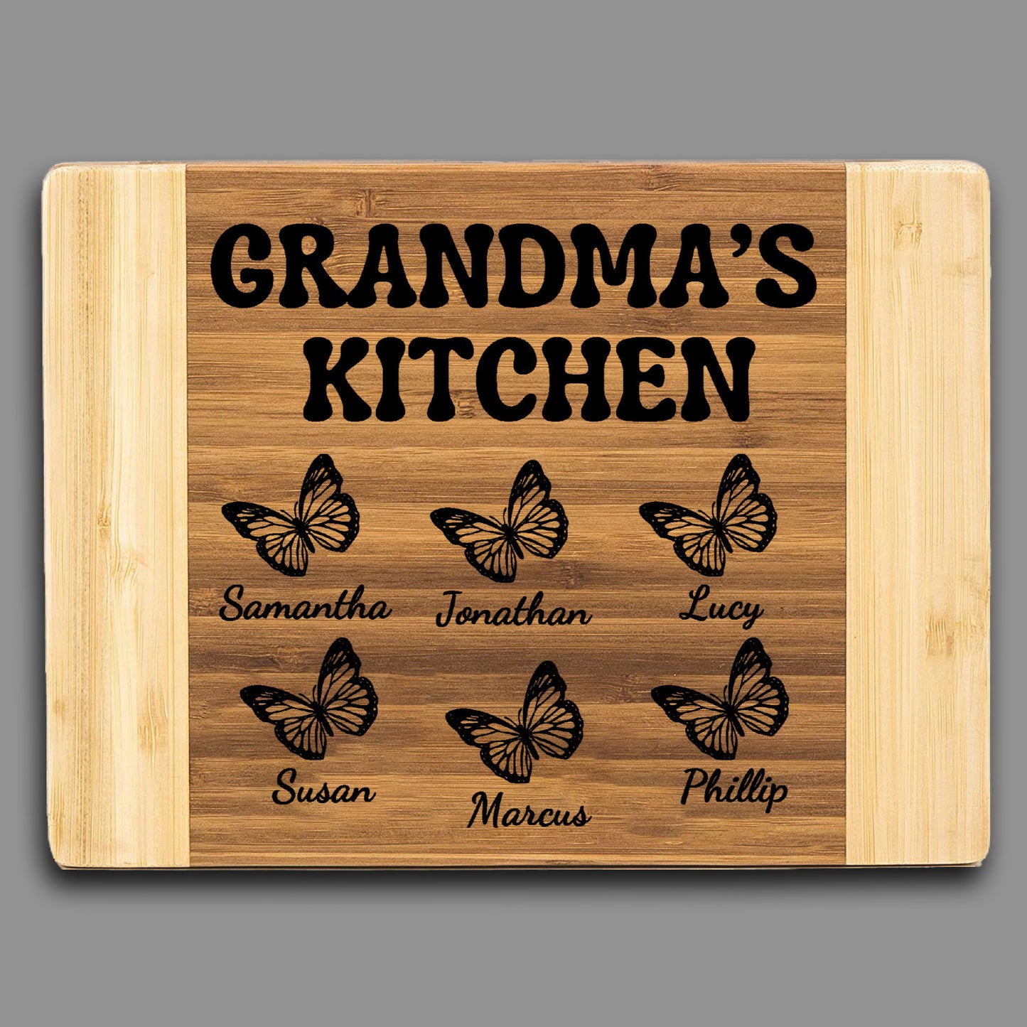 'Grandma's Kitchen' Cutting Board with Grandkids names and butterflies, Custom Bamboo Board, Personalized Family Gift