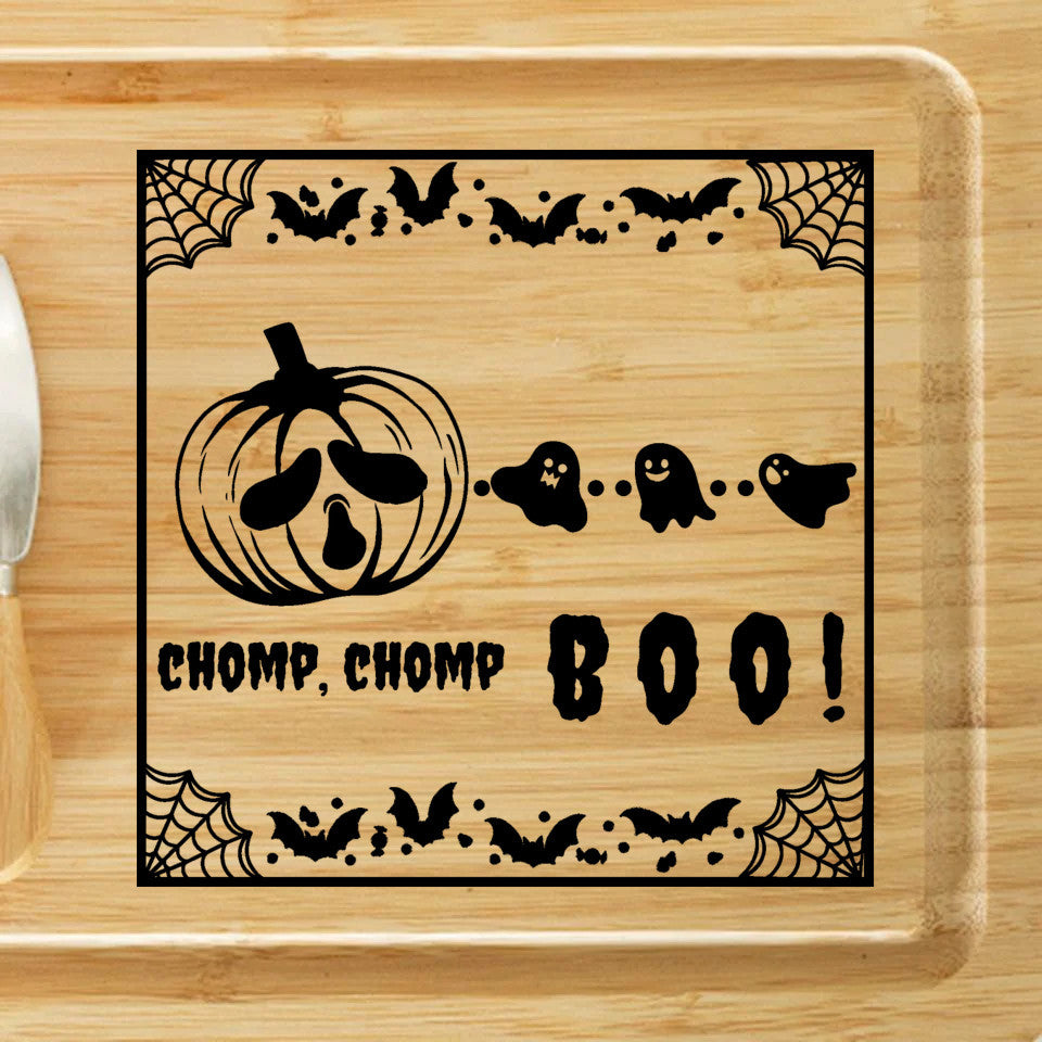 Halloween Charcuterie Board, pac man style, 'Chomp, chomp, BOO!', spooky season ghosts and jack-o-lantern cheese board, housewarming gift. Girls night, book club gift