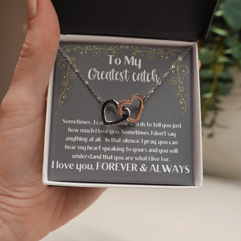 Greatest Catch fisherman's wife girlfriend heart pendant rose gold gift. Valentine's Day, Birthday, Anniversary