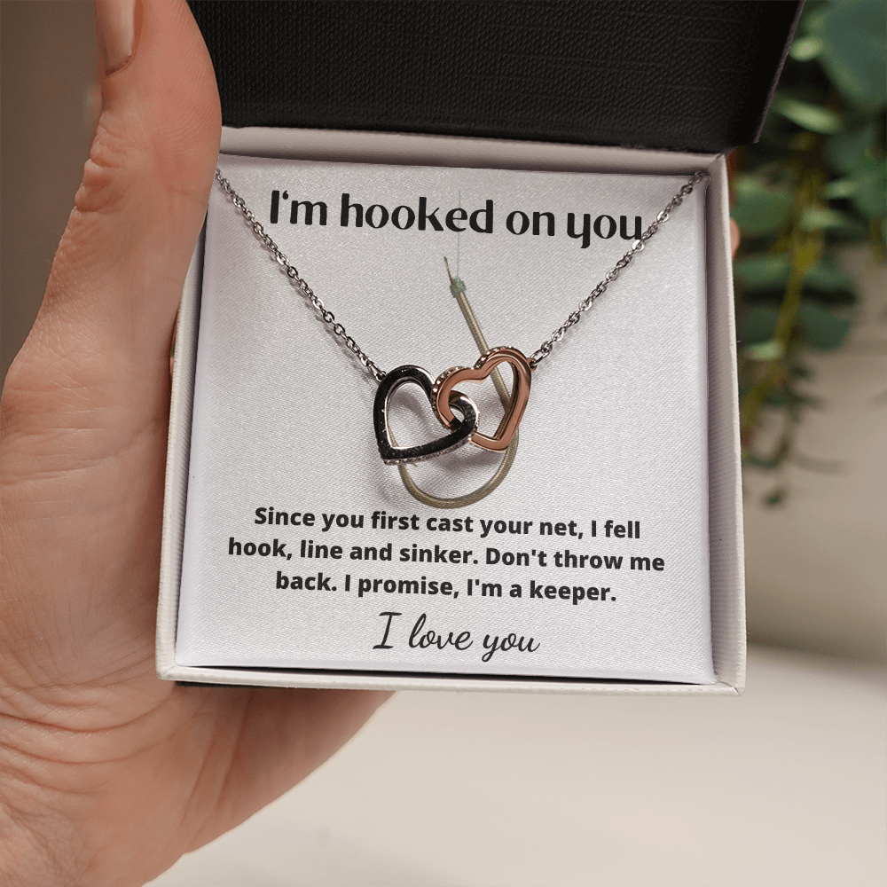 Beautiful interlinking hearts necklace for the one you are 'hooked on'!