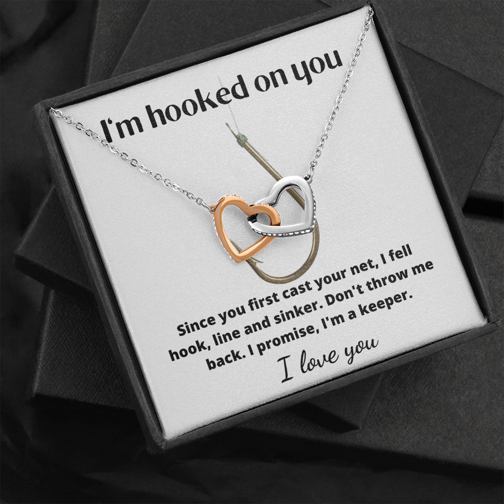 Beautiful interlinking hearts necklace for the one you are 'hooked on'!