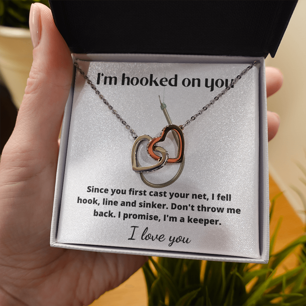 Beautiful interlinking hearts necklace for the one you are 'hooked on'!