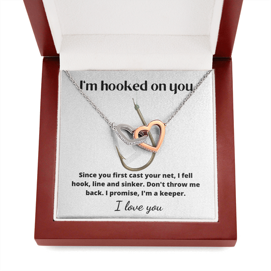 Beautiful interlinking hearts necklace for the one you are 'hooked on'!