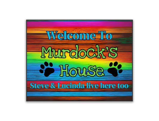 Rustic colorful door mat-personalized with your pet's name (and your names too)