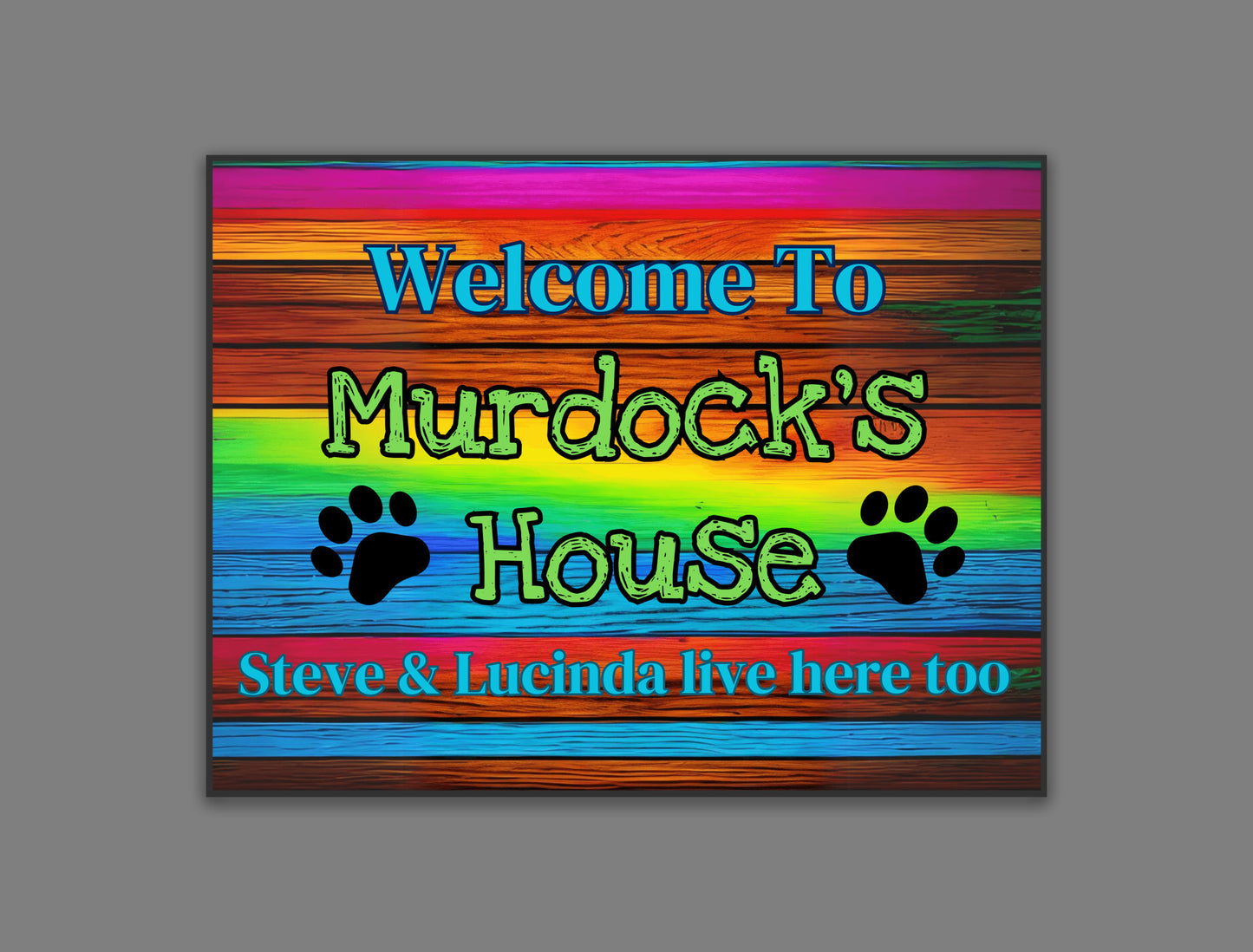 Rustic colorful door mat-personalized with your pet's name (and your names too)