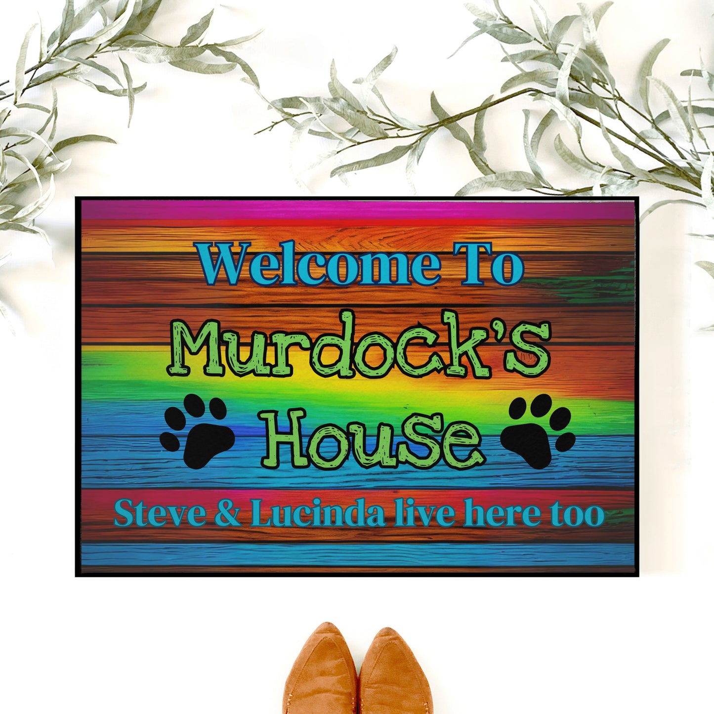 Rustic colorful door mat-personalized with your pet's name (and your names too)