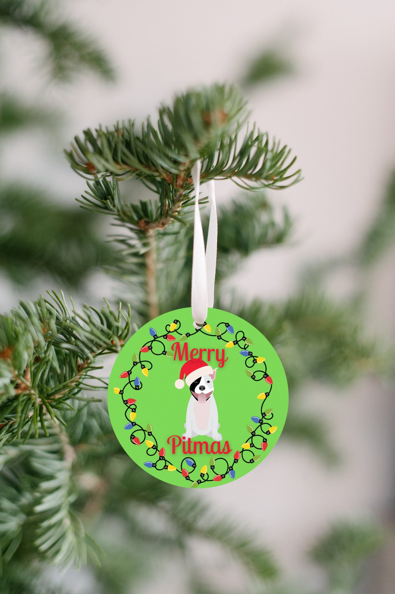 Black & White Pit bull Christmas Holiday ornament! Merry Pitmas! Gift for dog lovers, dog moms, fur moms pittie parents.